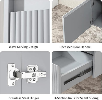 Floating Bathroom Vanity 32 Inch, Wall Mounted Bathroom Vanity with Ceramic Sink and 2 Drawers for Storage, Modern Wave-Carved Design Wooden Sink Cabinet, Grey