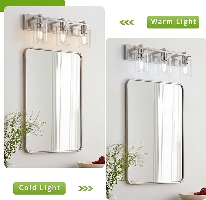 3-Light 21inch Brushed Nickel Vanity Light, Thickened Seeded Glass | Over Mirror for Bathroom, Rust Resistant, E26 Base, Easy Install, Removable Glass Shade Horizontal Mount, Dimmable