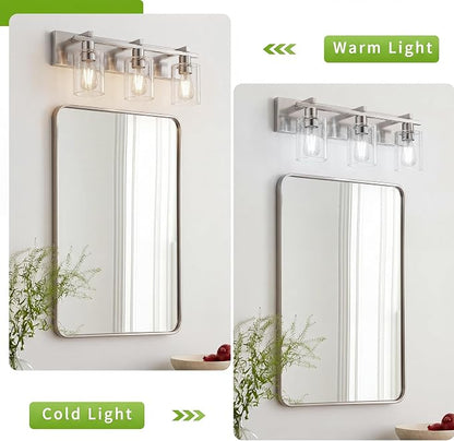 3-Light 21inch Brushed Nickel Vanity Light, Thickened Seeded Glass | Over Mirror for Bathroom, Rust Resistant, E26 Base, Easy Install, Removable Glass Shade Horizontal Mount, Dimmable
