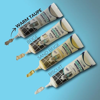 Premixed Tile Grout Repair - Warm Taupe (8.8oz/250g) | 5 beige shades with RAL codes, premixed acrylic sanded, bathroom shower kitchen tile, water-resistant, 24-hour cure, 29 sq ft