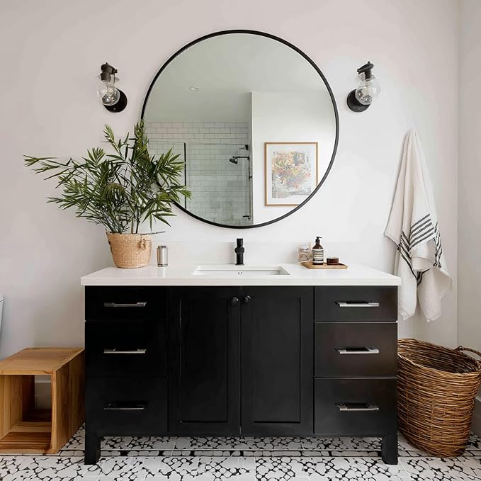 Black Round Mirror 34 inch, Circle Wall Mirror, Matte Metal Frame | High Definition Mirror, Rust-resistant, Easy Installation, Suitable for Bedroom, Hallway, Entryway, Living Room, Bathroom