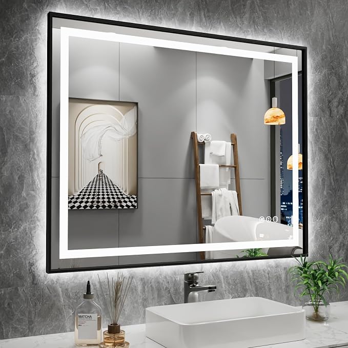 40"X32" LED Bathroom Mirror with Black Frame, Front Lit and Backlit | Metal Framed Mirror, Stepless Dimmable, HD Reflection, Anti-Fog, Shatter-Proof, Memory, 3 Colors Lighting, UL Listed.