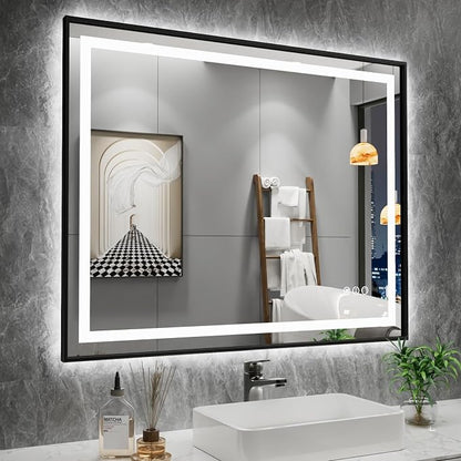 40"X32" LED Bathroom Mirror with Black Frame, Front Lit and Backlit | Metal Framed Mirror, Stepless Dimmable, HD Reflection, Anti-Fog, Shatter-Proof, Memory, 3 Colors Lighting, UL Listed.