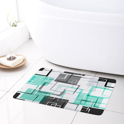 Teal Geometric Shower Curtain Sets with Rugs Mid Century Modern Neutral Geometric Shower Curtains for Bathroom Modern Design Teal and Grey Pattern Abstract Bathroom Decor, 70Lx70W inches