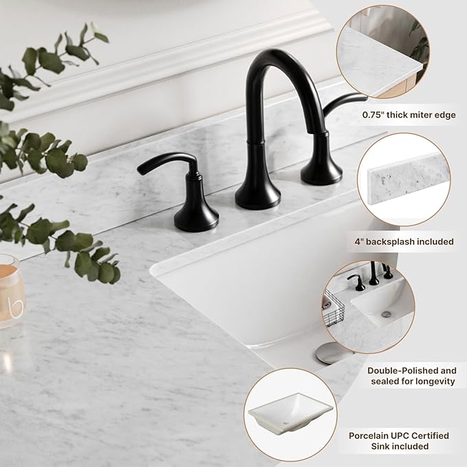 DKB Beckford 67-Inch White Double Bathroom Vanity, Italian Carrara Marble Countertop & Backsplash, 2 Rectangular Undermount Sinks, 4 Soft Closing Doors, 6 Dovetail Drawers, Brushed Nickel Hardware