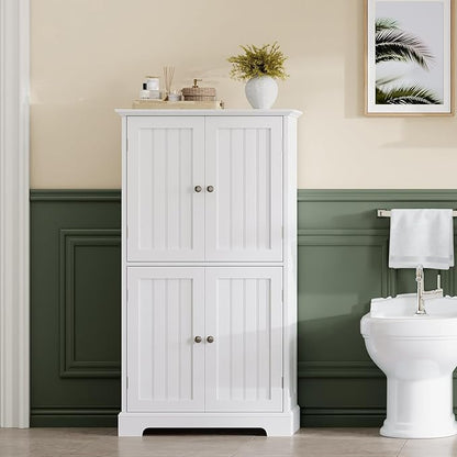 ChooChoo Bathroom Floor Cabinet, Modern Bathroom Storage Cabinet with 4 Doors and Adjustable Shelves, Freestanding Cupboard for Living Room, White