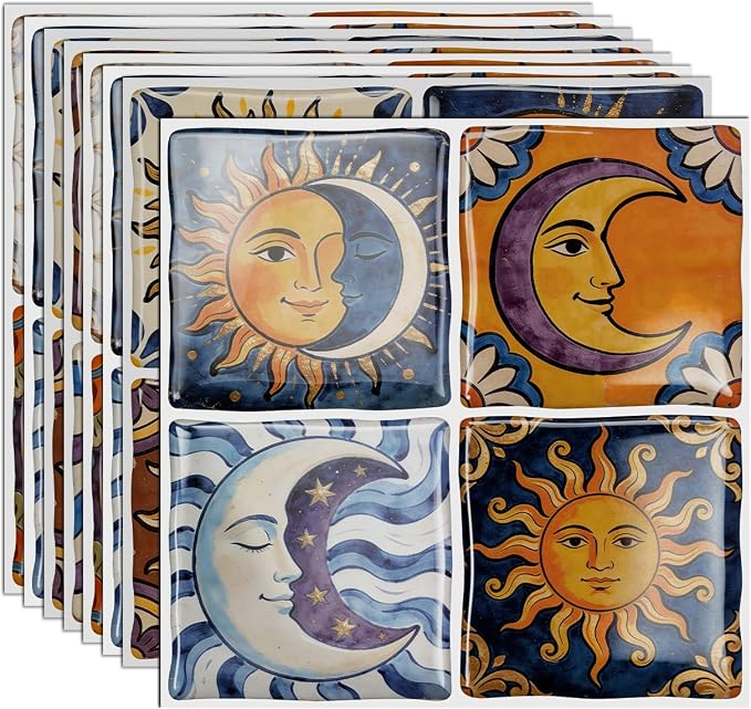 24PCS Sun Moon Talavera Style Tile Stickers 6x6in | Peel and Stick Waterproof Backsplash Tiles for Kitchen Bathroom DIY Decor