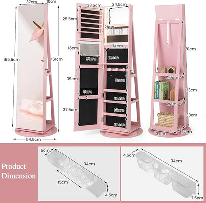 MAT EXPERT 360° Rotating Jewelry Armoire, Lockable Freestanding Jewelry Organizer w/Full-length Mirror, 3-Color LED Lights, Rear Storage Shelves, Mirror Jewelry Cabinet for Bedroom (Pink)