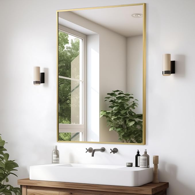 Gold Bathroom Mirror, 48"x30" Rectangle Mirror, Brushed Gold Mirror, Metal Frame Square Corner Vanity Mirror, Wall Mounted Mirror for Modern, Living Room, Bedroom, Horizontal Or Vertical