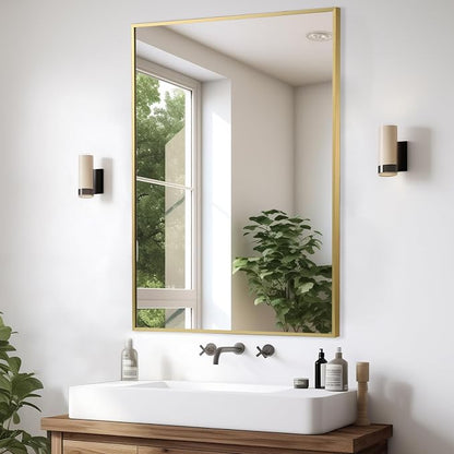 Gold Bathroom Mirror, 48"x30" Rectangle Mirror, Brushed Gold Mirror, Metal Frame Square Corner Vanity Mirror, Wall Mounted Mirror for Modern, Living Room, Bedroom, Horizontal Or Vertical