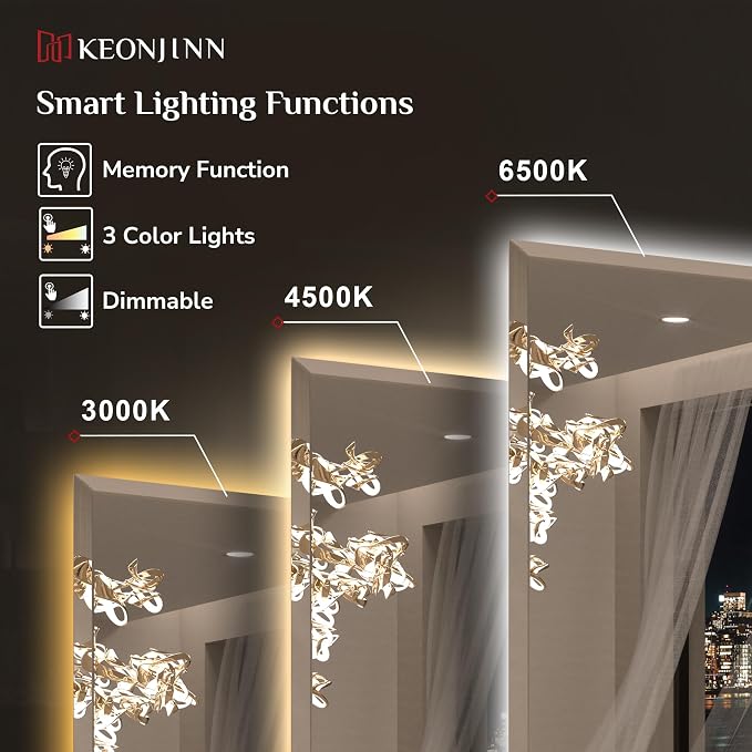 Keonjinn 36"x36" Square LED Mirror for Bathroom, HD Glass with Beveled Edge | Auto-OFF Defogging, Dimmable 3 Color Lights, Hardwired/Plug in, Effortless French Cleat Installation, Backlit Mirror Bathroom
