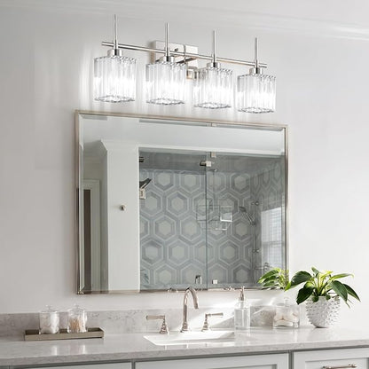 Torondo Modern Crystal Bathroom Vanity Light 4-Lights Chrome Bathroom Light Fixtures Over Mirror Vanity Lighting Fixtures Gold Square Shade Wall Sconce (Bulbs Not Include)