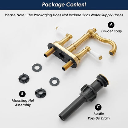 Porcelain 2-Handle Brushed Gold Bathroom Faucet 4 Inch Centerset | with Plastic Pop-up Drain, Classical Gold Bath Lavatory Vanity Faucets for 2/3 Hole Sinks, High Arc 360° Swivel Brass Spout