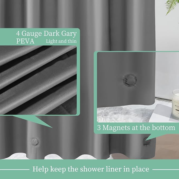Mrs Awesome Dark Grey Shower Curtain Liner with 3 Magnets, 72x72 Premium Flexible Sturdy Plastic Shower Curtain for Bathroom Lightweight & Waterproof, Dark Gray | 12 Rustproof Grommets,Premium Plastic Shower Curtain for Bathroom Lightweight & Waterproo...