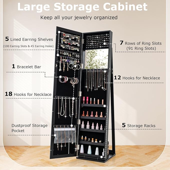 CHARMAID Jewelry Armoire Cabinet with 62" Tall Full Length Mirror, Lockable Standing Jewelry Organizer with Large Storage Capacity, Inside Makeup Mirror, Stable Base, Easy Assembly (Black)