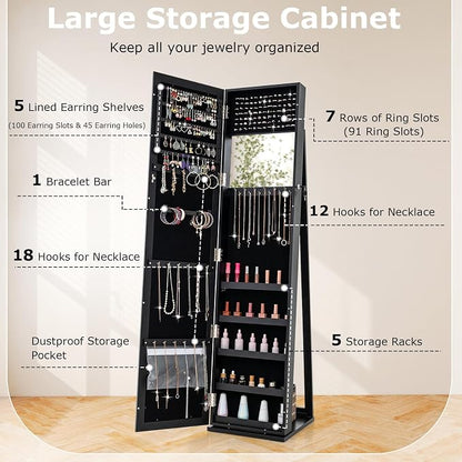 CHARMAID Jewelry Armoire Cabinet with 62" Tall Full Length Mirror, Lockable Standing Jewelry Organizer with Large Storage Capacity, Inside Makeup Mirror, Stable Base, Easy Assembly (Black)