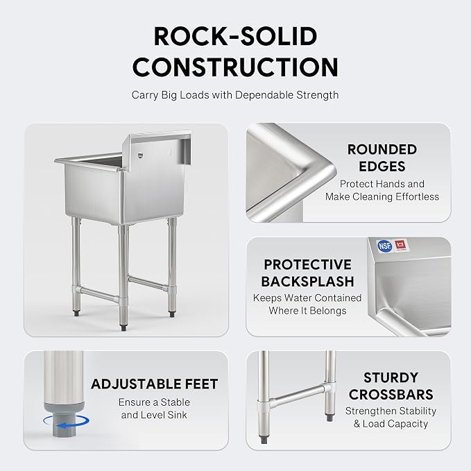 1-Compartment Sink, 18x18x12 in. Kitchen Sink with Strainer X-Shaped Guides Backsplash, Freestanding Single Bowl Utility Sink, Work Station Sink for Garage Kitchen Laundry Room Pet Salon