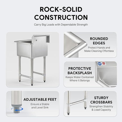 1-Compartment Sink, 18x18x12 in. Kitchen Sink with Strainer X-Shaped Guides Backsplash, Freestanding Single Bowl Utility Sink, Work Station Sink for Garage Kitchen Laundry Room Pet Salon