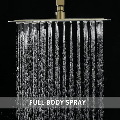 Brushed Gold Shower System Bathroom 16 Inch Rain Shower Head Ceiling Mount with Handheld Luxury High Pressure Shower Combo Set Shower Faucet Rough-in Valve Body and Trim Kit
