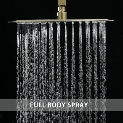 Brushed Gold Shower System Bathroom 16 Inch Rain Shower Head Ceiling Mount with Handheld Luxury High Pressure Shower Combo Set Shower Faucet Rough-in Valve Body and Trim Kit