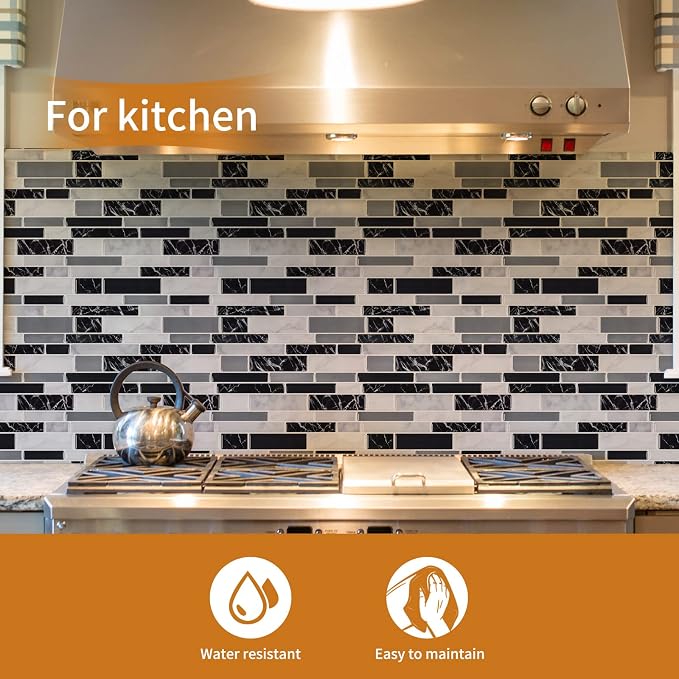 WOWSTAR 10-Sheet Peel and Stick Backsplash Tile for Kitchen Wall, Back Splash Stick On Tiles for Kitchen (12"x 12", Black Marble) | Peel and stick backsplash, self-adhesive wall tile, Black Marble, waterproof, kitchen bathroom wall, 10-sheet