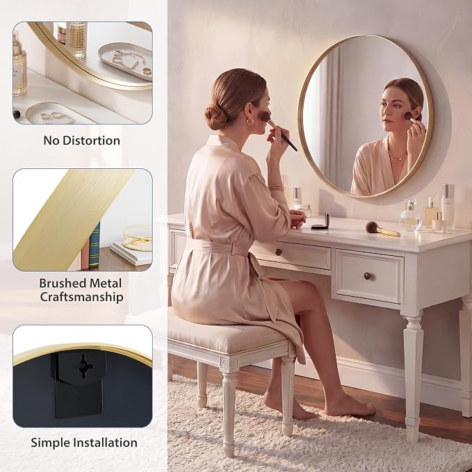 DUMOS Round Wall Mirror 24 Inch, Bathroom Wall Circle Mirror | Bathroom Decor for Entryway, Living Room, Vanity, Metal Frame, Tempered Glass, Anti-Rust, Hanging or Leaning, Gold