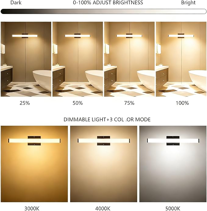 24in LED Bathroom Vanity Light(3000K/4000K/5000K, Brightness Dimmable), 15W Black Bathroom Light Fixtures Over Mirror, IP44 Modern Bath Vanity Lights Bar 120V, ETL Listed