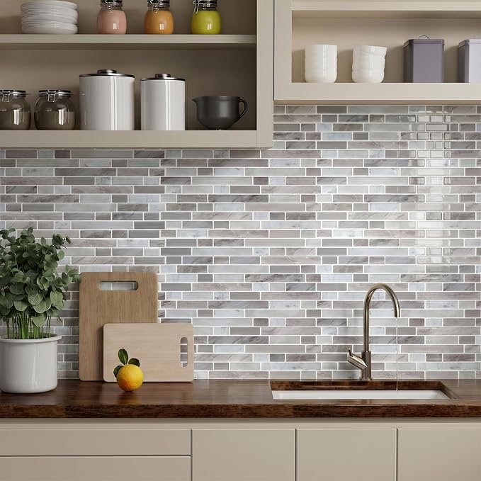 Peel and Stick Backsplash, Self Adhesive 10 Kitchen Tiles 12''x12'' | Greige Brown 3D Wall Tile Back Splash for Kitchen, Bathroom, Laundry Room