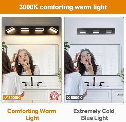 Torondo 360° Rotate LED Bathroom Vanity Light Fixtures, Acrylic Vanity Lights for Bathroom, Modern Wall Lighting Fixtures Over Mirror Living, Matte Black, Warm White, 4-Light, 27-Inch