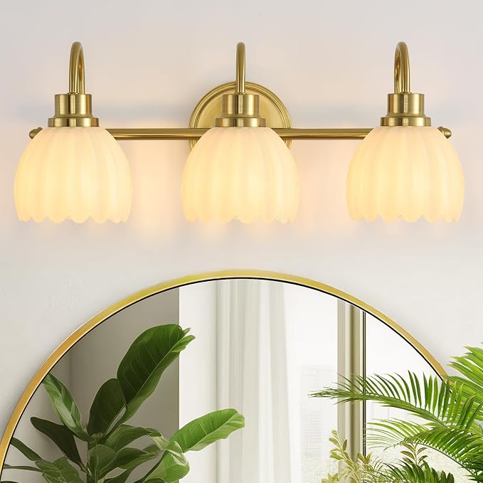 Bathroom Light Fixtures (3-Light, 20 Inch), Brushed Gold Vanity Lights for Bathroom with Ribbed Milk Tulip Glass Shade, Vintage Vanity Wall Lights for Mirror Bedroom Living Room Hallway