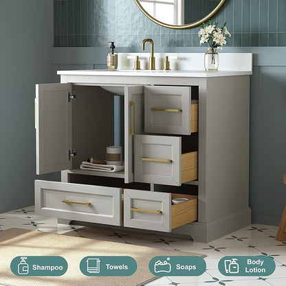 36 Inch Bathroom Vanity with Sink Combo, Solid Wood Frame with Mable Top &Backspalsh, Fully-Assembled with Soft-Closing Doors & 4 Drawers, Greige