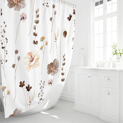 Brown Beige Watercolor Floral Fabric Shower Curtain, 72x84 | Waterproof Fabric, Modern Minimalist Floral Print, Machine Washable, Rustproof Grommets, for Bathroom Home, Extra Long