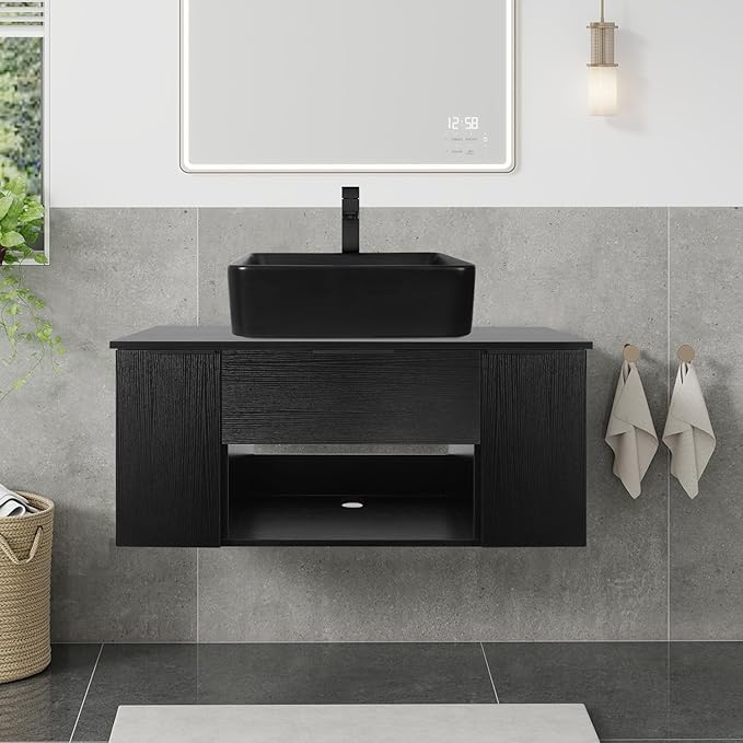 36 Inch Black Floating Bathroom Vanity with 2-Doors and 1-Drawer, Modern Wall Mounted Cabinet with Square Black Ceramic Vessel Sink