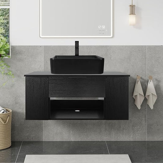 36 Inch Black Floating Bathroom Vanity with 2-Doors and 1-Drawer, Modern Wall Mounted Cabinet with Square Black Ceramic Vessel Sink
