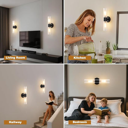Bathroom Light Fixtures 2-Light, Modern Vanity Light for Bathroom, Wall Sconce with Frosted Glass Rods Shades, Hardwired Wall Light Fixtures for Living Room Bedroom Hallway (Black)