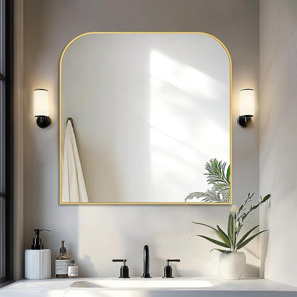 30"x30" Gold Metal Framed Bathroom Mirror for Over Sink | Rounded rectangle shape. Shatterproof HD glass, all mounting hardware for bathroom, bedroom, entryway.