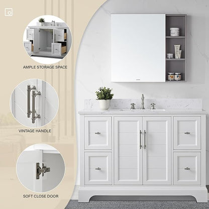 HOMEBEYOND 48 Inch Bathroom Vanity with Single Sink & Ceramic Top, Vanity Cabinet with Center Countertop Basin, Soft-Closing Doors, Backsplash,White