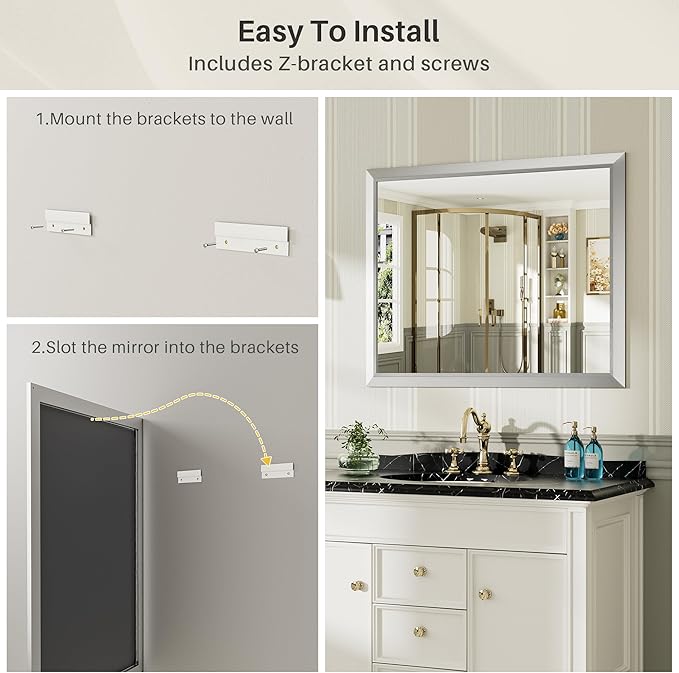 72x32 Inch Brushed Silver Bathroom Mirror for Wall, Thick Metal Framed Rectangle Mirrors for Over Sink, Bedroom, Living Room, Entryway, Anti-Rust, HD Tempered Glass
