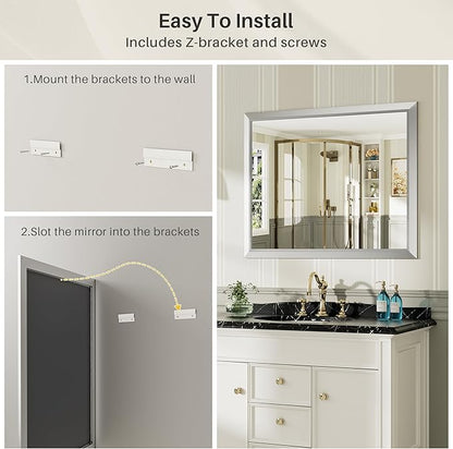 72x32 Inch Brushed Silver Bathroom Mirror for Wall, Thick Metal Framed Rectangle Mirrors for Over Sink, Bedroom, Living Room, Entryway, Anti-Rust, HD Tempered Glass