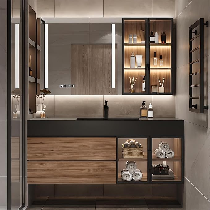 Floating Bathroom Vanity with Sink, Wall Mounted Cabinet with Seamless Integrated Basin, Walnut Color, Solid Wood Bathroom Cabinet, Pre-Assembly, Multiple Scenes (39.4in)