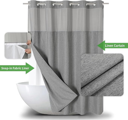 eachope No Hook Linen Texture Shower Curtain with Snap-in Liner,71x74 Gray | 230GSM Thick Fabric,Hotel Luxury Decor,Mesh Top Window,Magnetic Weighted Hem,Waterproof & Machine Washable,for Bathroom