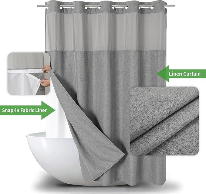 eachope No Hooks Needed Linen Textured Shower Curtain with Snap-in Fabric Liner Set,Grey Hotel Luxury Decor Shower Curtains for Bathroom,Waterproof & Washable,71Wx77H | 230GSM Thick Fabric,Hotel Luxury Decor,Mesh Top Window,Magnetic Weighted Hem,Waterp...