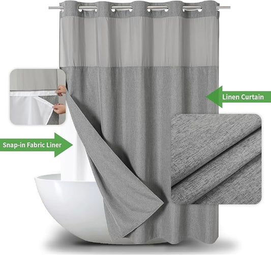 eachope No Hooks Needed Linen Textured Shower Curtain with Snap-in Fabric Liner Set,Grey Hotel Luxury Decor Shower Curtains for Bathroom,Waterproof & Washable,71Wx77H | 230GSM Thick Fabric,Hotel Luxury Decor,Mesh Top Window,Magnetic Weighted Hem,Waterp...