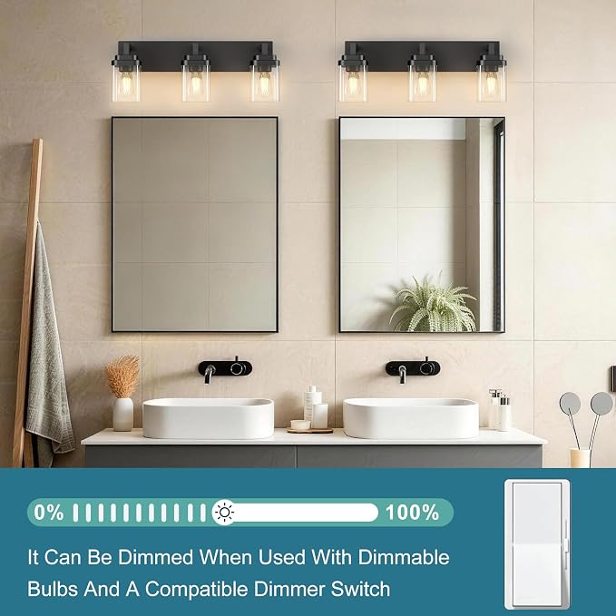 Matte Black Bathroom Light Fixtures, Modern Vanity Lights with Clear Glass Lamp Shade, Bathroom Lighting Fixtures Over Mirror, Restroom Vanity Lighting Fixture, 3-Light 22 Inch