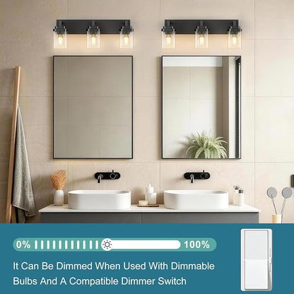 Matte Black Bathroom Light Fixtures, Modern Vanity Lights with Clear Glass Lamp Shade, Bathroom Lighting Fixtures Over Mirror, Restroom Vanity Lighting Fixture, 3-Light 22 Inch