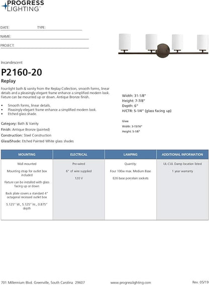 Progress Lighting P2160-20 Replay Bath & Vanity, 4-Light, Antique Bronze