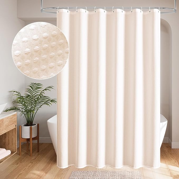 MitoVilla Extra Long Shower Curtain 72 x 84, Pink 84 inch XL Waffle Fabric Shower Curtains for Modern Luxury Bathroom Decor, Waffle Weave Textured Weighted Shower Curtain 84 inch, Blush Pink