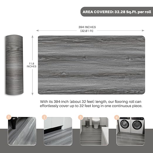 Woodgrain Vinyl Floor Roll, 11.8" x 394", Quick‑Apply Peel & Stick | Cover 32.29 Sq,ft, Soft wood‑look finish, Non‑slip texture, Long rolls reduce seams, Low‑maintenance surface, Easy to cut