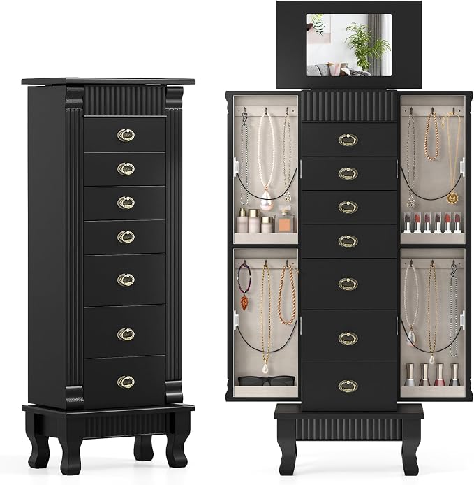 DREAMADE Jewelry Armoire, Standing Jewelry Box w/Mirror & 7 Drawers, Black | Flip Top Organizer with 2 Side Doors and Anti-Toppling Device, Large Jewelry Cabinet Storage for Bedroom
