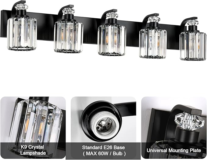 Black Bathroom Light Fixtures with K9 Crystal Lampshade Bathroom Lighting Over Mirror Vanity Lights for Living Room,Bedroom,Restroom,Hallway 5 Lights